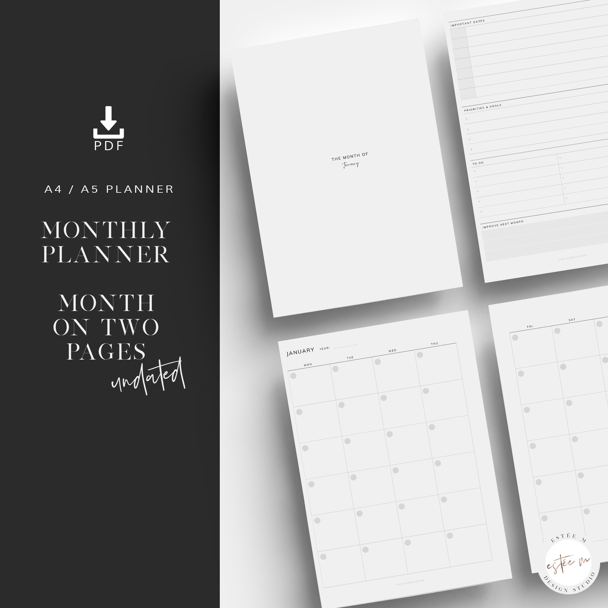 A5 Monthly Planner, Printable Planner Inserts, Month on Two Pages ...