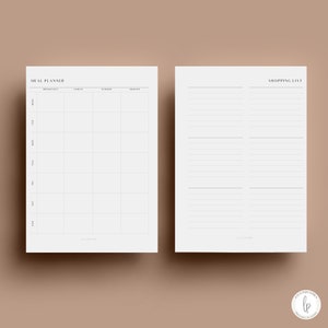 Op de afbeelding: Een printbare maaltijdplanner en boodschappenlijst sjabloon. De maaltijdplanner heeft een raster met kolommen voor ontbijt, lunch, diner en snacks. De boodschappenlijst heeft een lege ruimte om te schrijven.