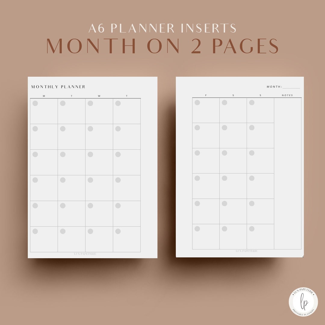 Monthly Planner, A6 Planner Inserts, Printable Planner Inserts, Month