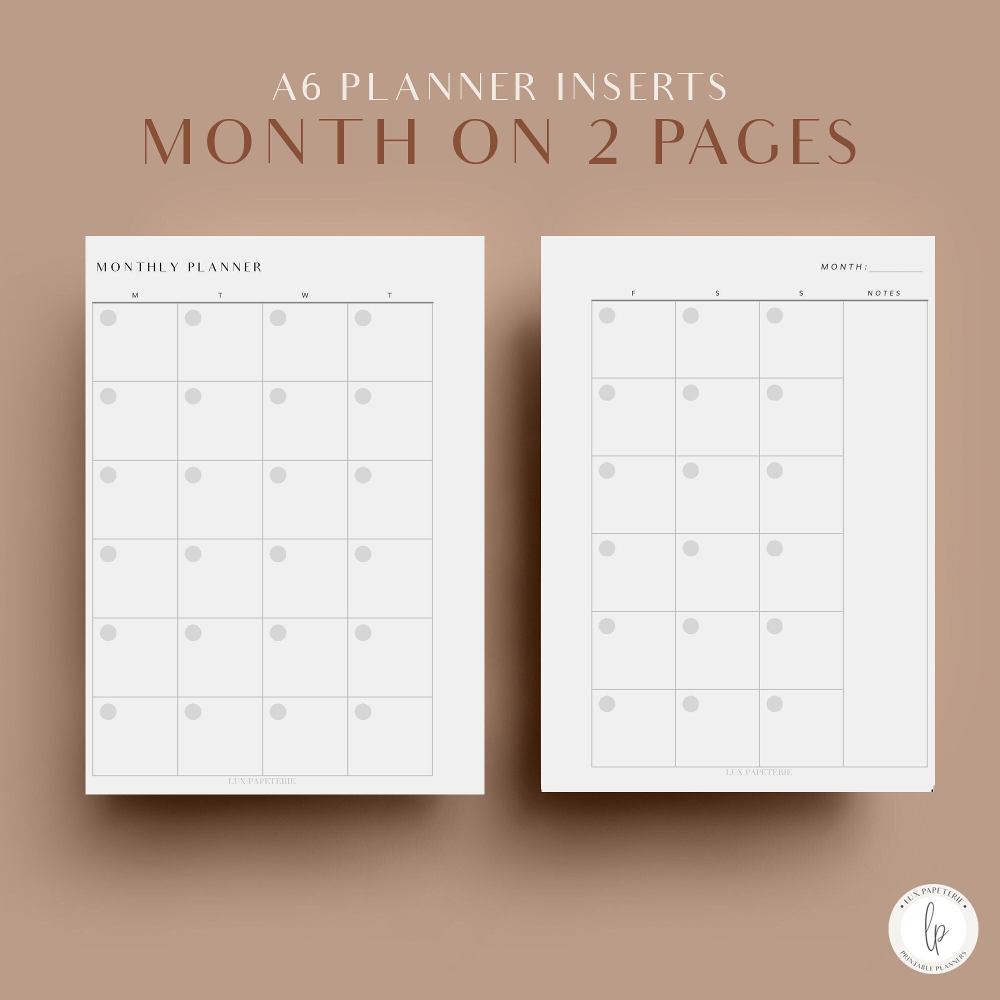 Monthly Planner, A6 Planner Inserts, Printable Planner Inserts, Month on  Two Pages, Undated Planner, Agenda Refill 
