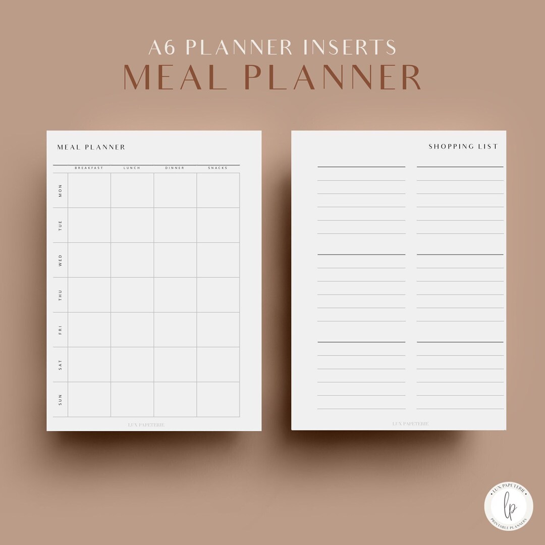 Meal Planner, A6 Planner Inserts, A6 Printable Planner, Shopping List ...