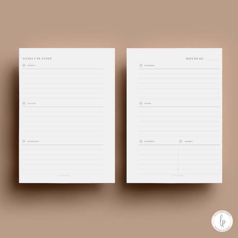 May include: Two printable planner pages. The left page is a weekly planner with the days of the week listed: Monday, Tuesday, Wednesday. The right page is a monthly planner with the heading "Month of:".
