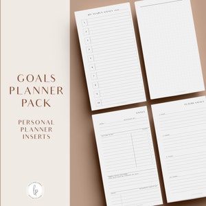 Op de afbeelding: Een printbaar plannerpakket met inlegvelden voor het stellen van jaarlijkse doelen, doelen voor de toekomst en persoonlijke doelen. Het pakket bevat een pagina voor het opsommen van 10 jaarlijkse doelen, een pagina voor het stellen van doelen met een actieplan en een pagina voor het bijhouden van doelen voor de toekomst over 1, 2, 5 en 10 jaar.