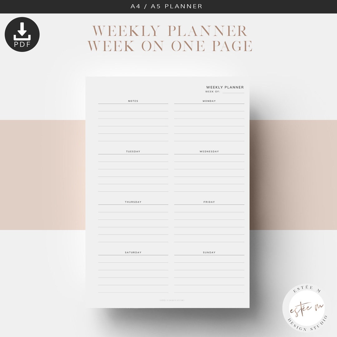 A5 Printable Weekly Planner, Week on One Page, Weekly Planner Inserts ...