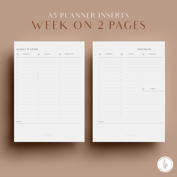 A5 Vertical Weekly Planner, Printable Planner Inserts, Week on Two