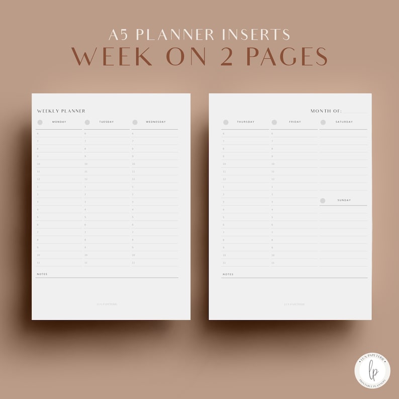 May include: Two white A5 planner inserts with a weekly layout. The left page is labeled "Weekly Planner" and lists Monday, Tuesday, and Wednesday. The right page is labeled "Month Of" and lists Thursday, Friday, Saturday, and Sunday. The text "Week on 2 Pages" is at the top.