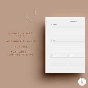 May include: A printable A5 binder planner template with a minimalist design. The template includes sections for Thursday, Friday, Saturday, and Sunday. The text "MONTH OF:" is at the top of the page.