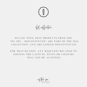 Puede incluir: Un icono de exclamaci&oacute;n en blanco y negro con un dise&ntilde;o de estrella. El texto "old collection" est&aacute; escrito debajo del icono. El texto "PLEASE NOTE THAT PRODUCTS FROM THE "50% OFF - DISCONTINUED" ARE PART OF THE OLD COLLECTION AND ARE INDEED DISCONTINUED. FOR THAT REASON, ANY REQUESTS RELATED TO EDITING THE LAYOUTS, TEXTS OR COLOURS WILL NOT BE ACCEPTED." est&aacute; escrito debajo del icono. El texto "est&eacute;e m DESIGN STUDIO" est&aacute; escrito en la parte inferior de la imagen.