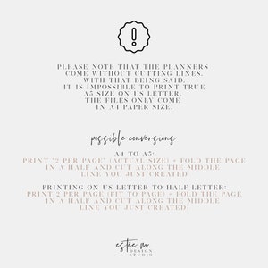 May include: A digital print with text about planner printing instructions. The text includes information on A4 to A5 conversions and printing on US letter paper. The image also features a logo and an exclamation point icon.