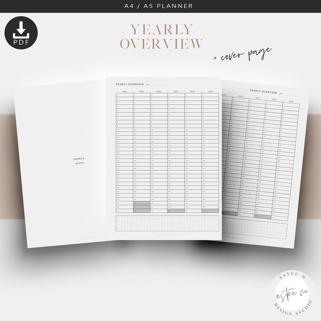 A5 Printable Yearly Overview, Printable Planner Inserts, Undated ...