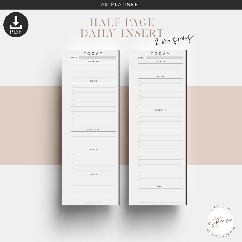 May include: Two printable A5 planner pages with a daily schedule layout. The left page has sections for "Important", "To Do", "Self-Care", "Meals", and "Notes". The right page has sections for "Important", "To Do", "Schedule", and "Notes".