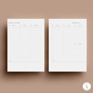 May include: Two white printable planner pages with black text. The left page is a weekly planner, and the right page is a monthly planner. The weekly planner is labeled with the days of the week. The monthly planner has a space for the month and the days of the week.