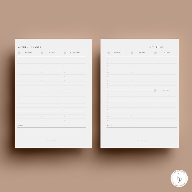 May include: Two white printable planner pages with black text. The left page is a weekly planner, and the right page is a monthly planner. The weekly planner is labeled with the days of the week. The monthly planner has a space for the month and the days of the week.