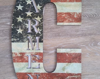 Patriotic Rustic American Flag Wall Art, American Flag Letter with Name cut out, personalized USA