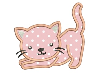 May include: A pink cat illustration with white polka dots. The cat has a light brown outline, black whiskers, and a black nose. The cat is in a playful pose, with its tail arched and its body low to the ground.