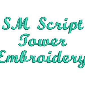 Puede incluir: Un logotipo azul turquesa con el texto "SM Script Tower Embroidery" en una fuente cursiva.