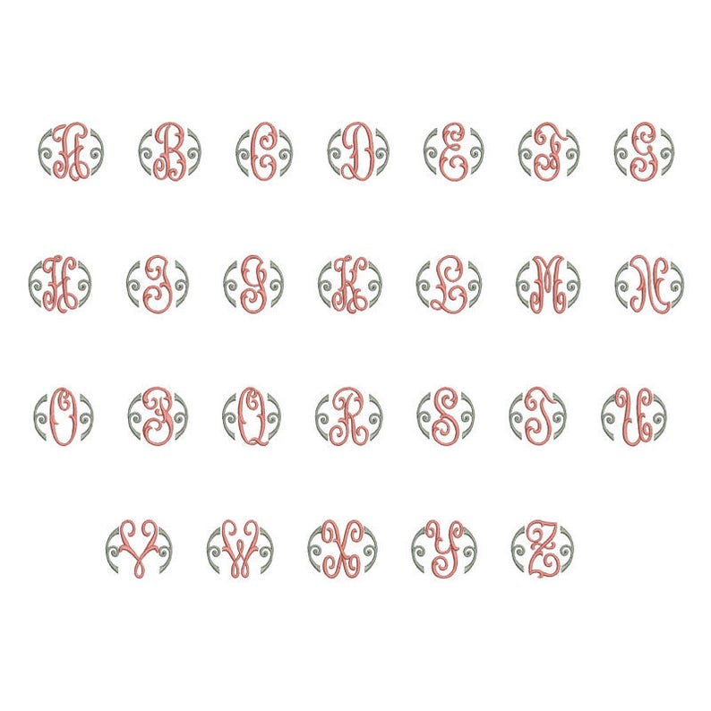 May include: A set of 26 alphabet letters in a decorative font, each letter is enclosed in a circle with a swirl design. The letters are in a light pink color and the circles are in a light gray color.