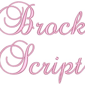 May include: A pink cursive font design with the words "Brock Script".