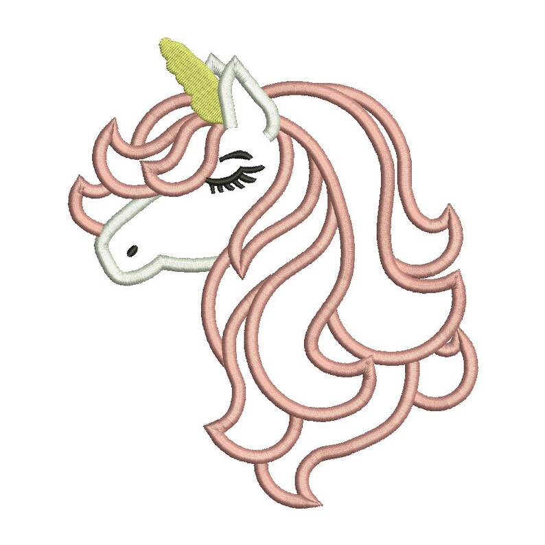 May include: A white unicorn head with a pink mane and a yellow horn. The unicorn has closed eyes and a black nose.