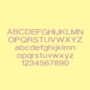 May include: A pink alphabet font with uppercase and lowercase letters and numbers 1 through 9. The font is outlined in a darker pink.