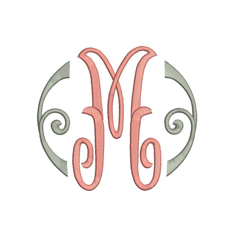 May include: A monogram initial "M" in a pink color with a decorative, swirling, gray oval frame.