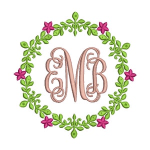 May include: A monogram with the letters "MB" in a script font, surrounded by a wreath of green leaves and pink flowers.