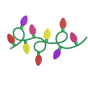 May include: A string of colourful Christmas lights with red, yellow, pink, and purple bulbs. The lights are strung on a green wire and are in a festive design.