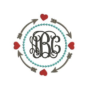 May include: A monogram design featuring the letters "JBC" in a black, ornate font, encircled by a teal dotted line and gray arrows. Red hearts are placed around the circle, creating a decorative and personalized emblem.