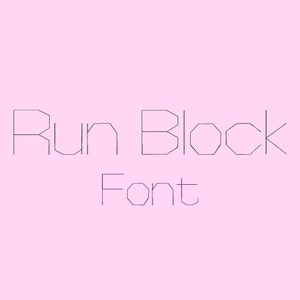 Puede incluir: Fuente Run Block, un diseño de fuente geométrico con un estilo de bloque, pixelado.