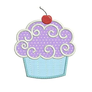 May include: Purple cupcake with white frosting and a red cherry on top. The cupcake has a swirl design and white polka dots.