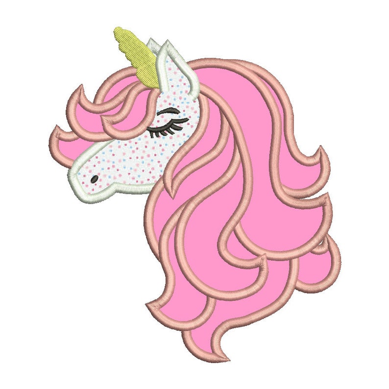 May include: A pink unicorn head with a yellow horn and closed eyes. The unicorn's mane is pink and curly.
