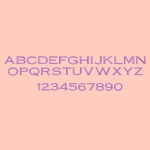 May include: A purple alphabet and numbers font with a double outline. The letters are uppercase and the numbers are in a standard font.