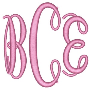 May include: Pink embroidered monogram with the letters B, C, and E in a cursive script font.