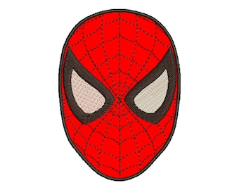 May include: Red and black embroidered patch of a superhero's face with a web design.