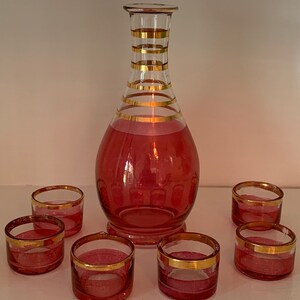 Cranberry Glass Cordial Carafe and Glasses