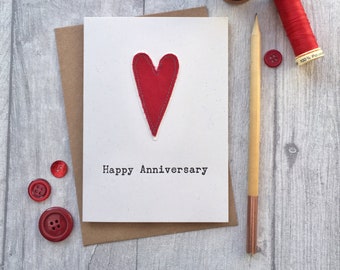 embroidered red cotton heart anniversary card