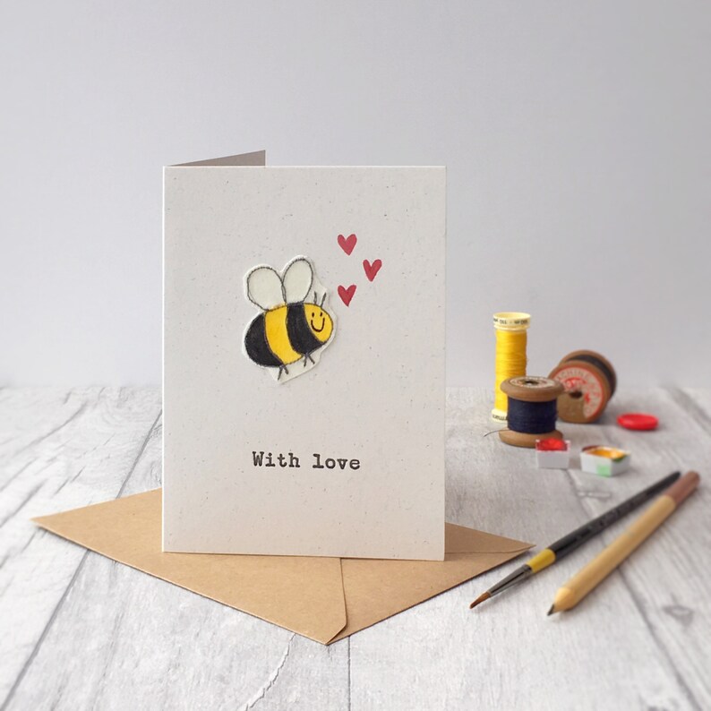 Embroidered and hand painted bee with love greeting card image 1