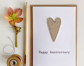 Embroidered linen heart anniversary card