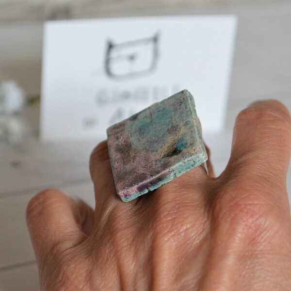 Square turquoise purple and gold raku ceramic ring