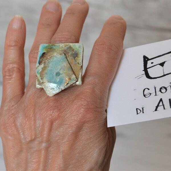 Turquoise and gold raku ceramic ring