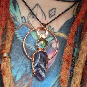 Amethyst & Titanium Quartz Necklace | Electroformed Upcycled Copper Pendant | Pagan Moon Talisman, Shaman, Witch, Goth, Viking