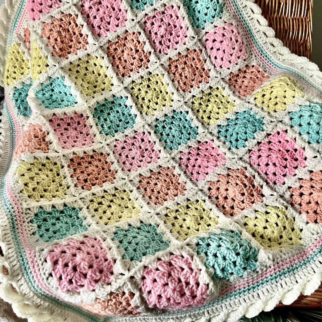 Crochet Baby Blanket Granny Square Wave Border Pastel Etsy