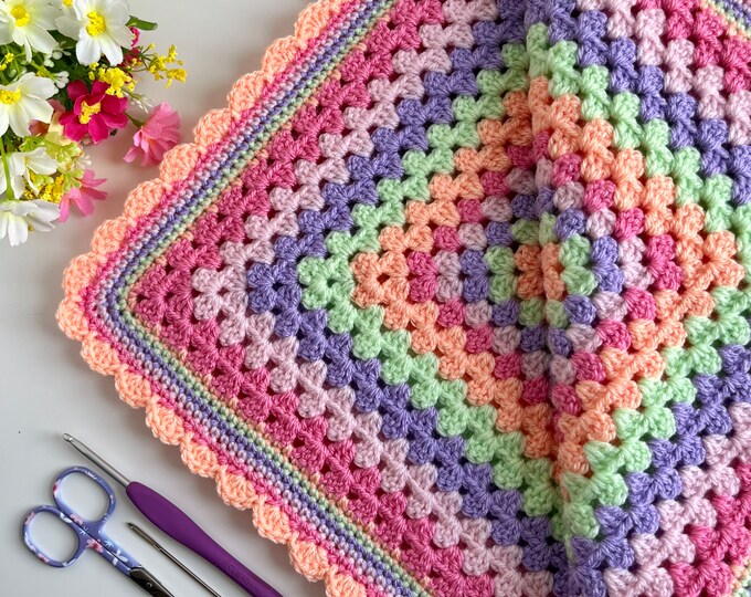 Crochet Baby Blanket Scalloped Edge Granny Square Pastel Etsy