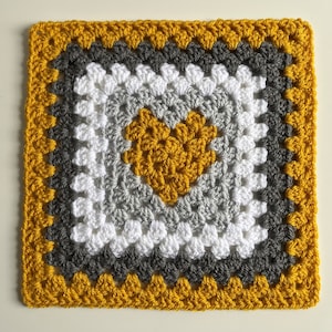PDF Pattern Mustard, Grey and White Heart Crochet Granny Square