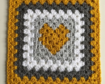 PDF Pattern Mustard, Grey and White Heart Crochet Granny Square