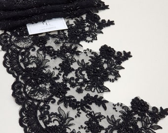 Rifinitura in pizzo nero con perline, pizzo con paillettes, pizzo perla, pizzo Chantilly, pizzo francese, pizzo da sposa, pizzo da sposa, pizzo ricamato EEV2103