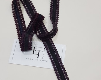 Black Alencon Lace Trim: Dark Eggplant Scalloped Edge, 0.8" Wide