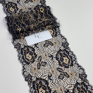 Nero con rifiniture in pizzo dorato tagliato su misura, pizzo macramè, pizzo alencon, pizzo per lingerie LJ82001