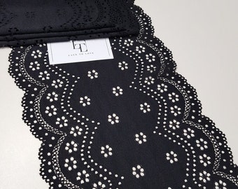 Bordure en dentelle de coton extensible festonnée florale noire : 9" de large