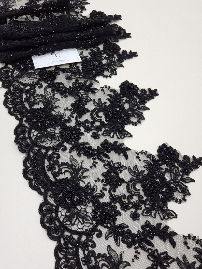 Beaded black lace trimming, Sequin lace, Pearl lace, Chantilly lace, French lace, Bridal lace, Wedding lace, Embroidered lace EEV2103 image 1